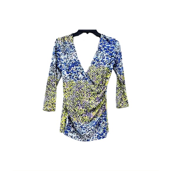 Boden Blue Green Cheetah Print Runched Faux Wrap Top Women's Size 6 - Picture 1 of 4